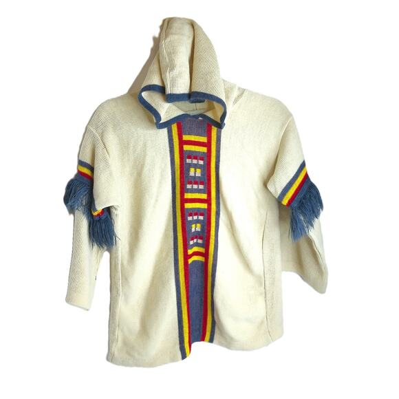 Vintage Sears Jr Bazaar Tribal Fringe Hoodie Sweater Boho Hippie Size Medium - Picture 1 of 6